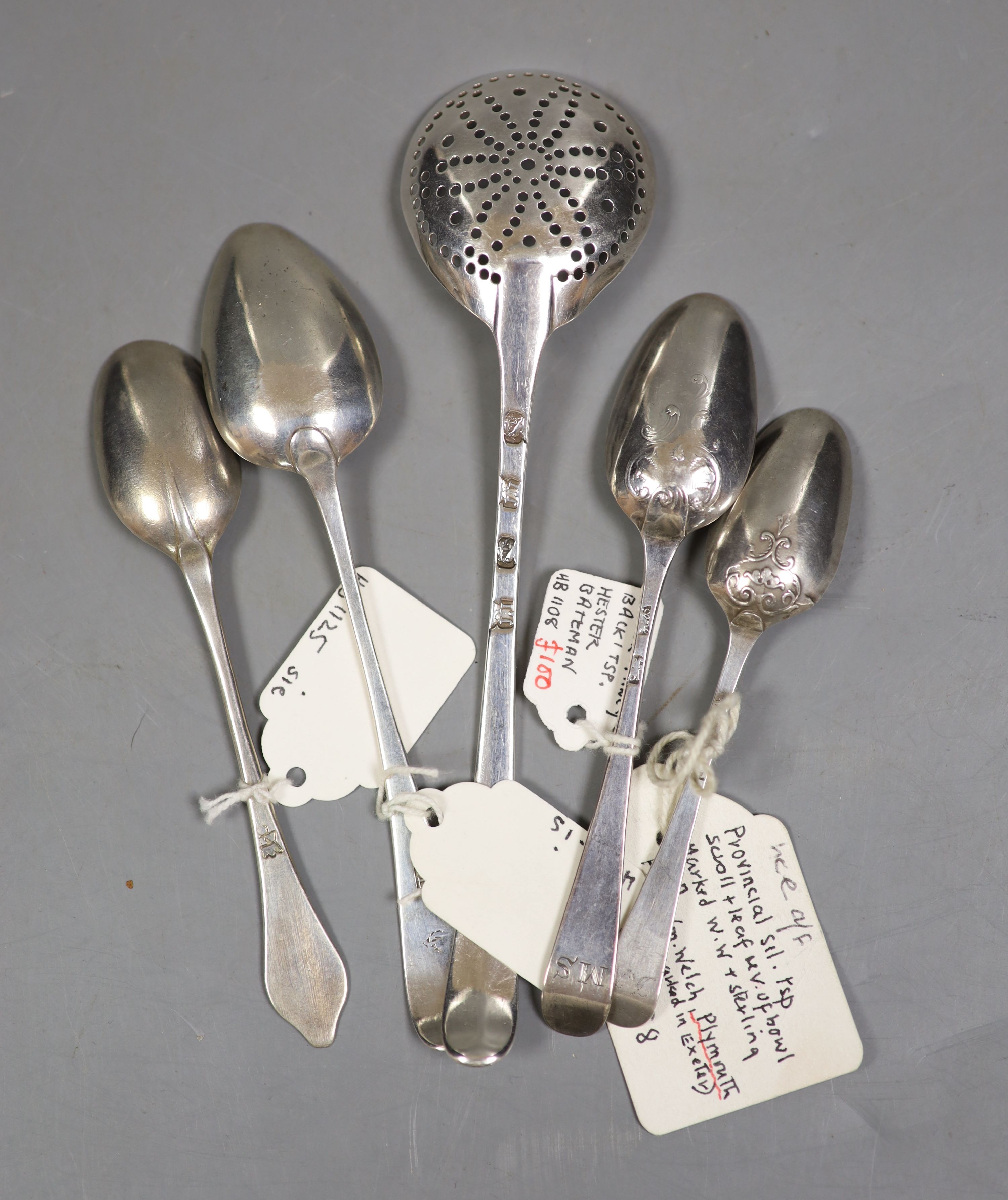 A George III silver lace back Hanovarian pattern teaspoon by Hester Bateman, 11.7cm, an antique dog nose spoon, 11.4cm, two other teaspoons including John Ewan and an unusual sifter spoon stamped twice with dove of peace